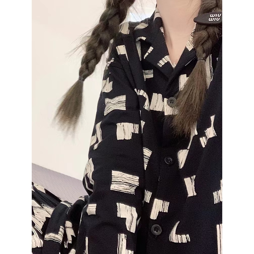 YAMI Bộ Đồ Ngủ Tay Dài In Họa Tiết Hình Vuông Đơn Giản Thời Trang Xuân Thu Dành Cho Nữ