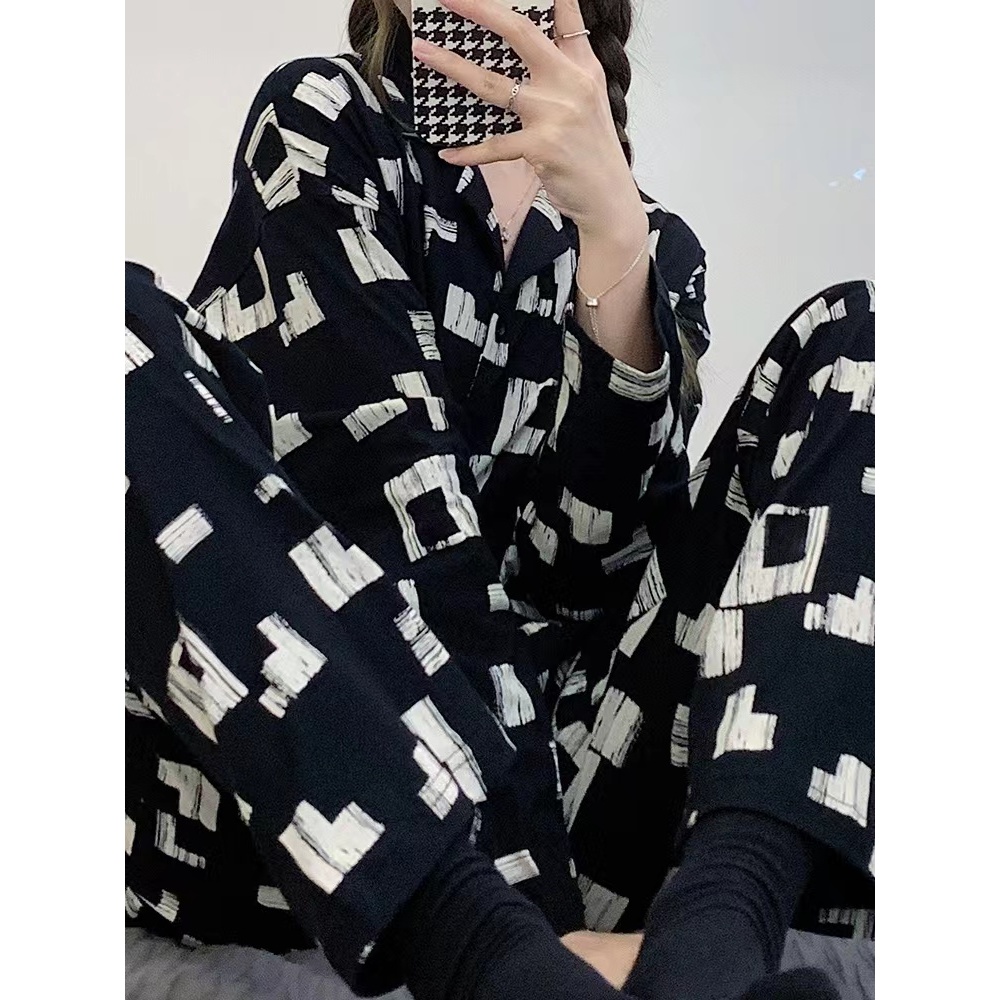 YAMI Bộ Đồ Ngủ Tay Dài In Họa Tiết Hình Vuông Đơn Giản Thời Trang Xuân Thu Dành Cho Nữ