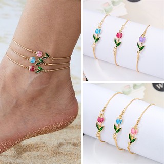 Lắc Chân Vàng 18k Hình Hoa tulip Màu gradient Thời Trang Cho Nữ