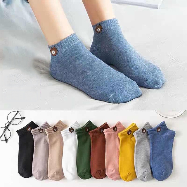 Clemine Đôi Tất Chân cotton Cổ Thấp In Hình Gấu Hoạt Hình Đáng Yêu Cho Nữ