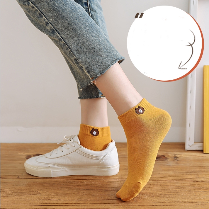Clemine Đôi Tất Chân cotton Cổ Thấp In Hình Gấu Hoạt Hình Đáng Yêu Cho Nữ