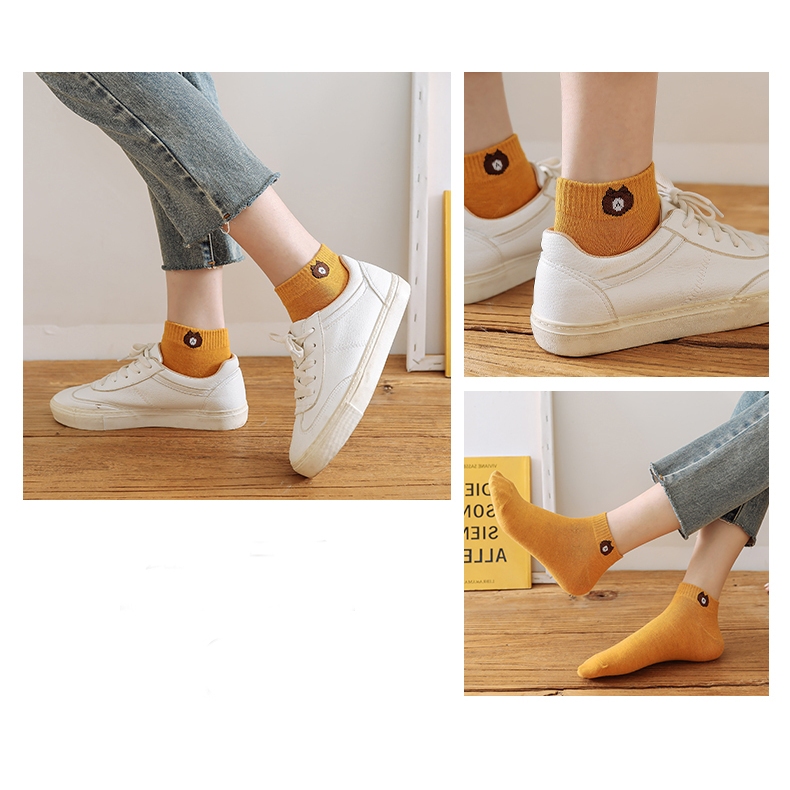 Clemine Đôi Tất Chân cotton Cổ Thấp In Hình Gấu Hoạt Hình Đáng Yêu Cho Nữ