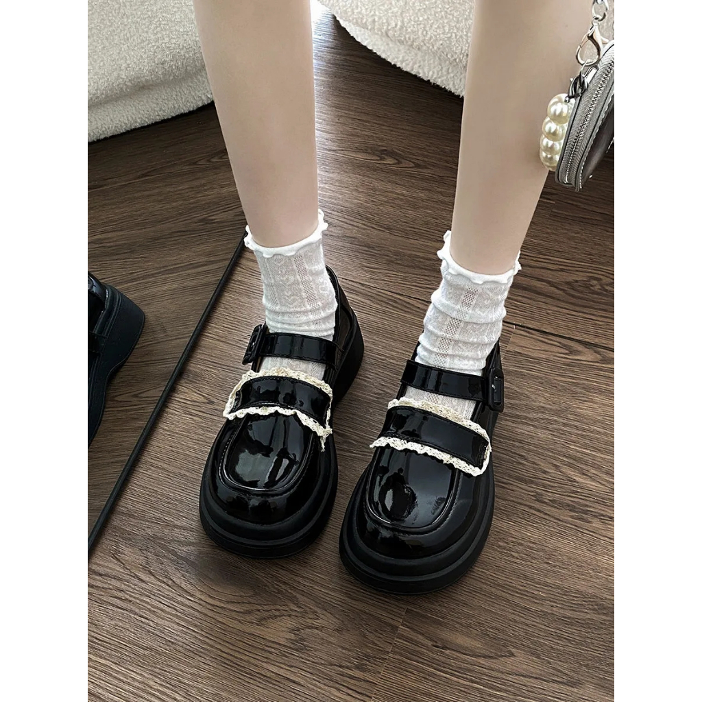 Giày Mary Jane Mới Giày Da Mũi Tròn Đế Dày Phong Cách retro Cho Nữ