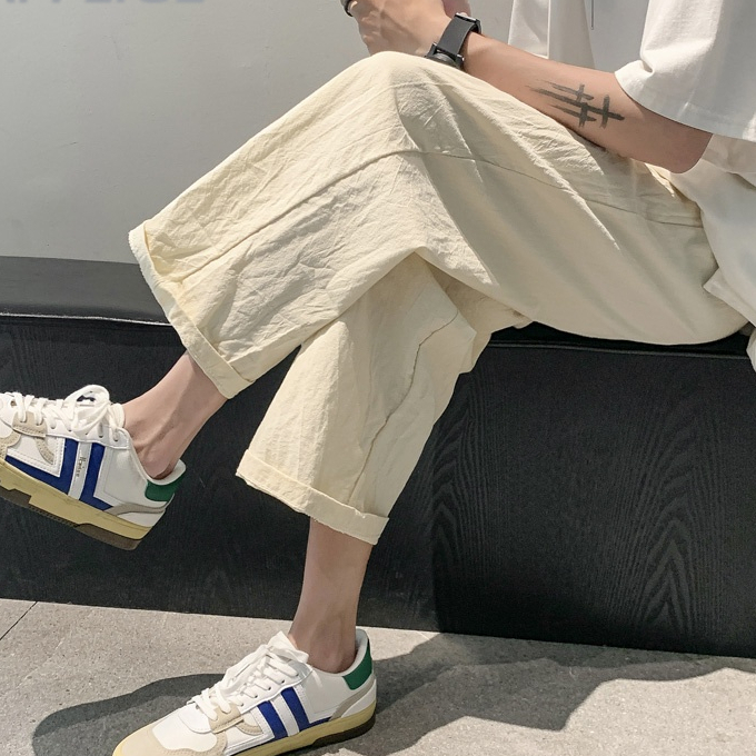 ✦ AFFLIGA ✦Quần dài ống rộng dáng thẳng vải cotton và lanh mỏng màu kaki thời trang mùa thu Nhật Bản cho nam size M-2XL