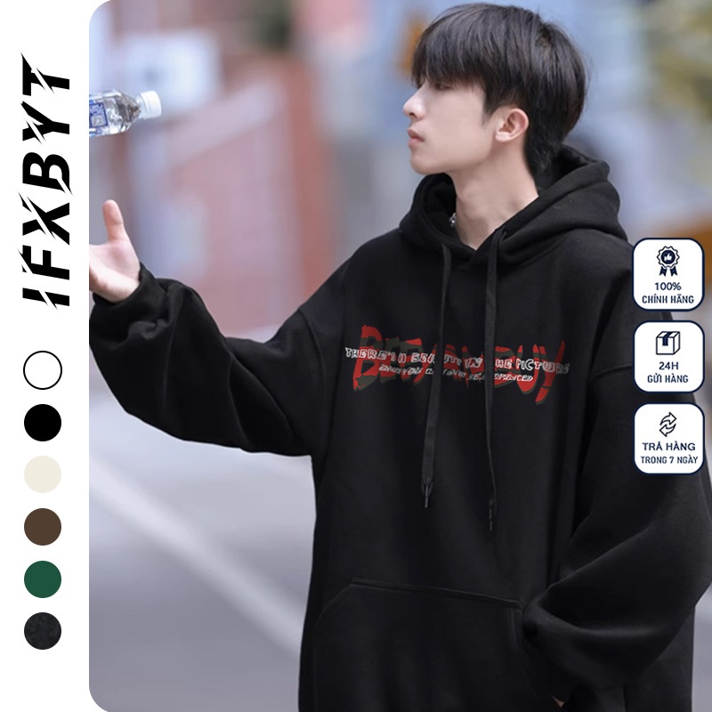 Áo Hoodie Cotton đen  IFXBYT vintage áo nỉ tay dài thời trang form rộng in hình unisex 100% cotton-A2344