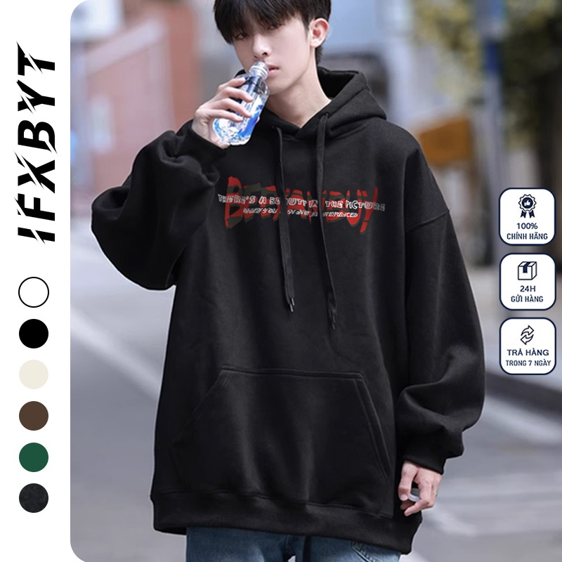 Áo Hoodie Cotton đen  IFXBYT vintage áo nỉ tay dài thời trang form rộng in hình unisex 100% cotton-A2344