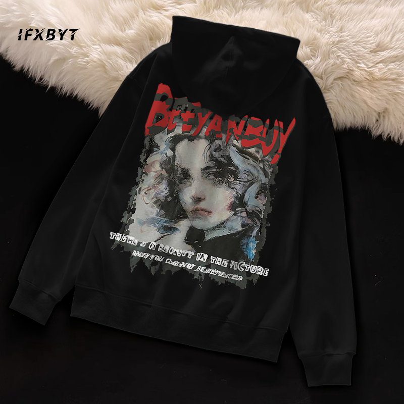 Áo Hoodie Cotton đen  IFXBYT vintage áo nỉ tay dài thời trang form rộng in hình unisex 100% cotton-A2344