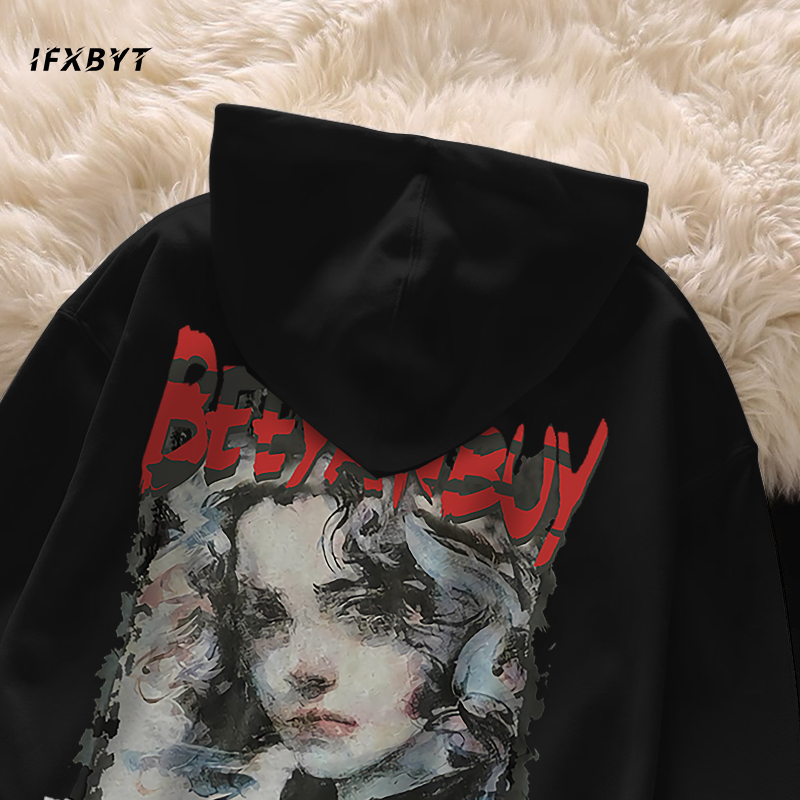 Áo Hoodie Cotton đen  IFXBYT vintage áo nỉ tay dài thời trang form rộng in hình unisex 100% cotton-A2344
