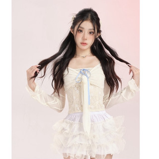 Set bộ đồ kiểu búp bê lolita 3 chi tiết gồm áo dây ren phối khoác kèm chân váy phối ren dáng tầng cho nữ