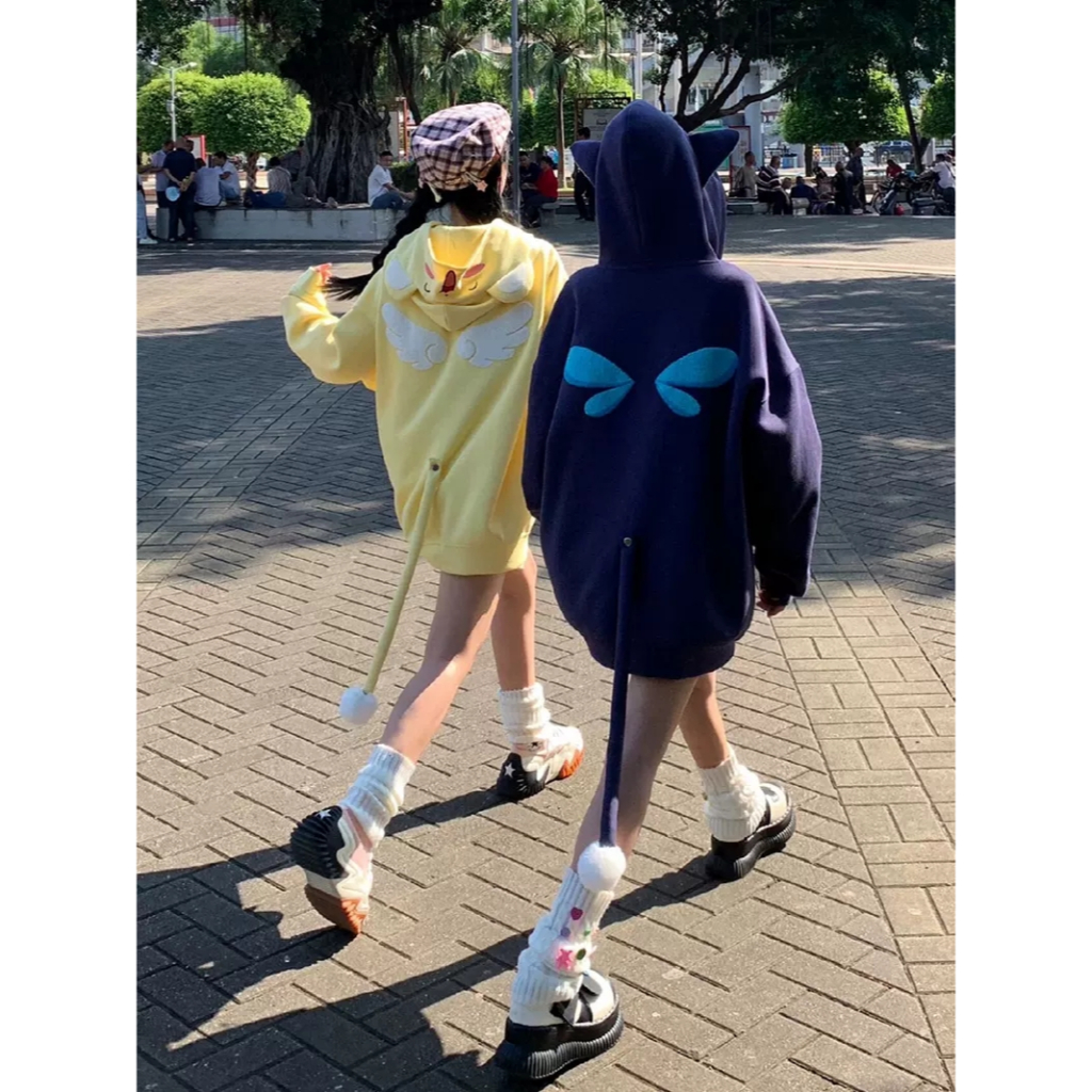 Áo Hoodie Thêu Hình Đôi Cánh Nhỏ Dễ Thương Phong Cách Nhật Bản Thời Trang Thu Đông Dành Cho Cặp Đôi