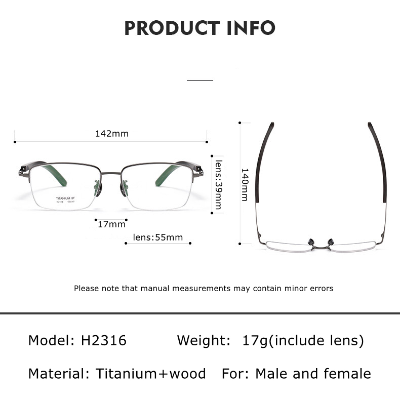 Mắt Kính Bằng Titan Và Gỗ Đàn Hương Hình Vuông Nửa Mặt Thời Trang Công Sở Cao Cấp Cho Nam