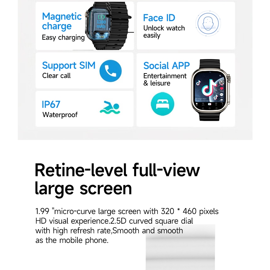 Đồng Hồ Thông Minh 4g sim 8 ultra 2.09-inch Màn Hình hd Cho Nam Nữ gps Có Chức Năng Nghe Gọi google app Tải Xuống wifi Dễ Dàng tiktok