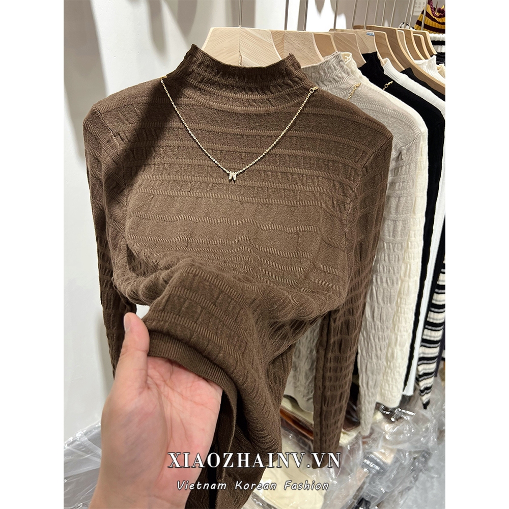 Xiaozhainv Áo sweater Dệt Kim Tay Dài Cổ Cao Dáng Ôm Phong Cách Hàn Quốc Thời Trang Cho Nữ y2k