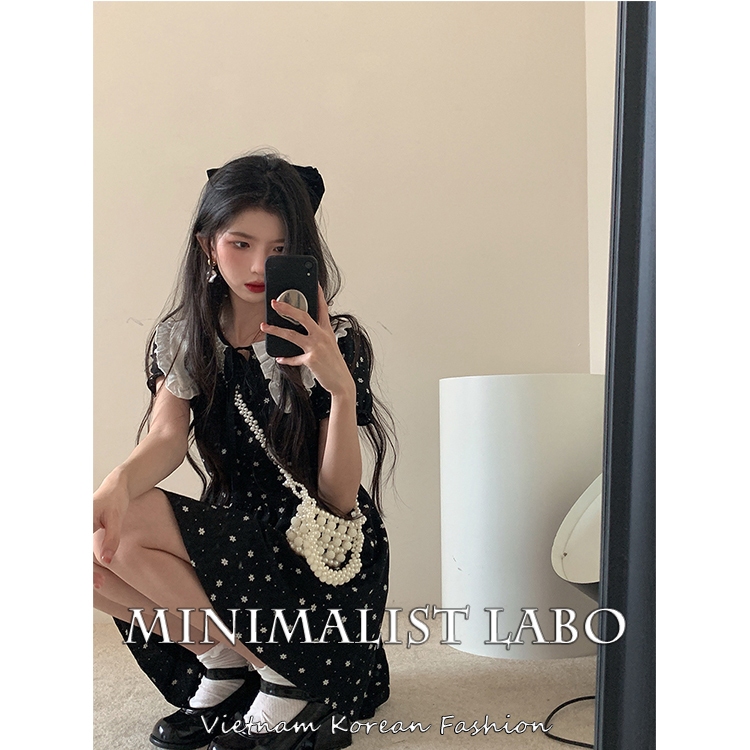 Minimalist Labo Đầm Ngắn Tay Phồng Cổ Búp Bê Họa Tiết Hoa Phong Cách Ngọt Ngào
