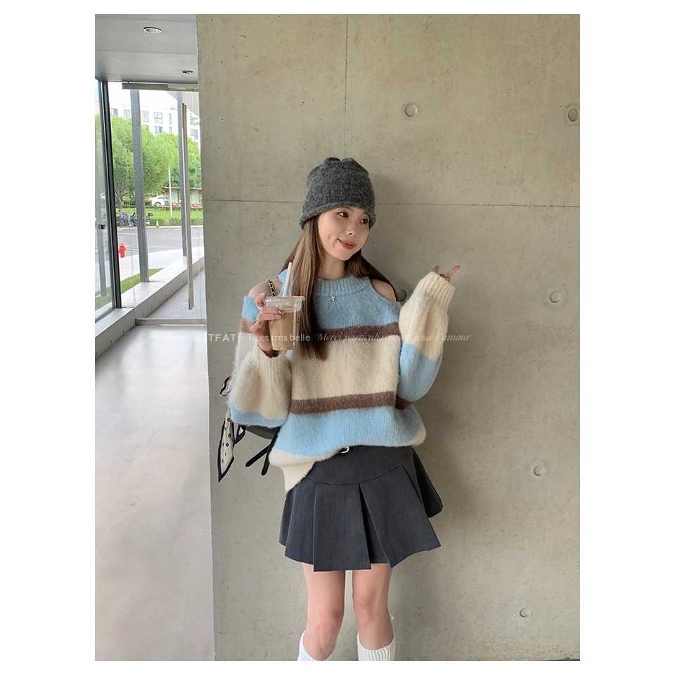 Áo sweater Dệt Kim Phối Màu Tương Phản Đơn Giản Thời Trang Hàn Quốc Cho Nữ