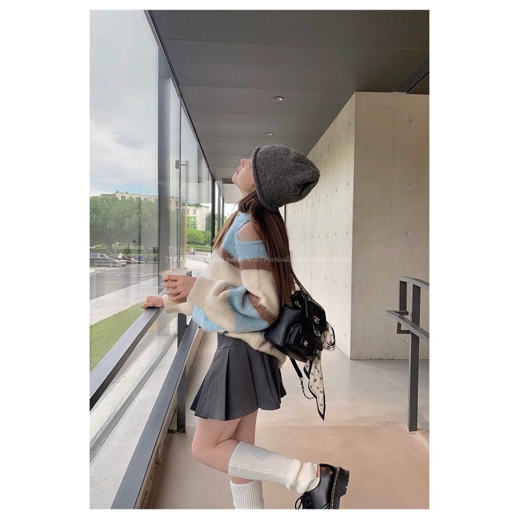 Áo sweater Dệt Kim Phối Màu Tương Phản Đơn Giản Thời Trang Hàn Quốc Cho Nữ