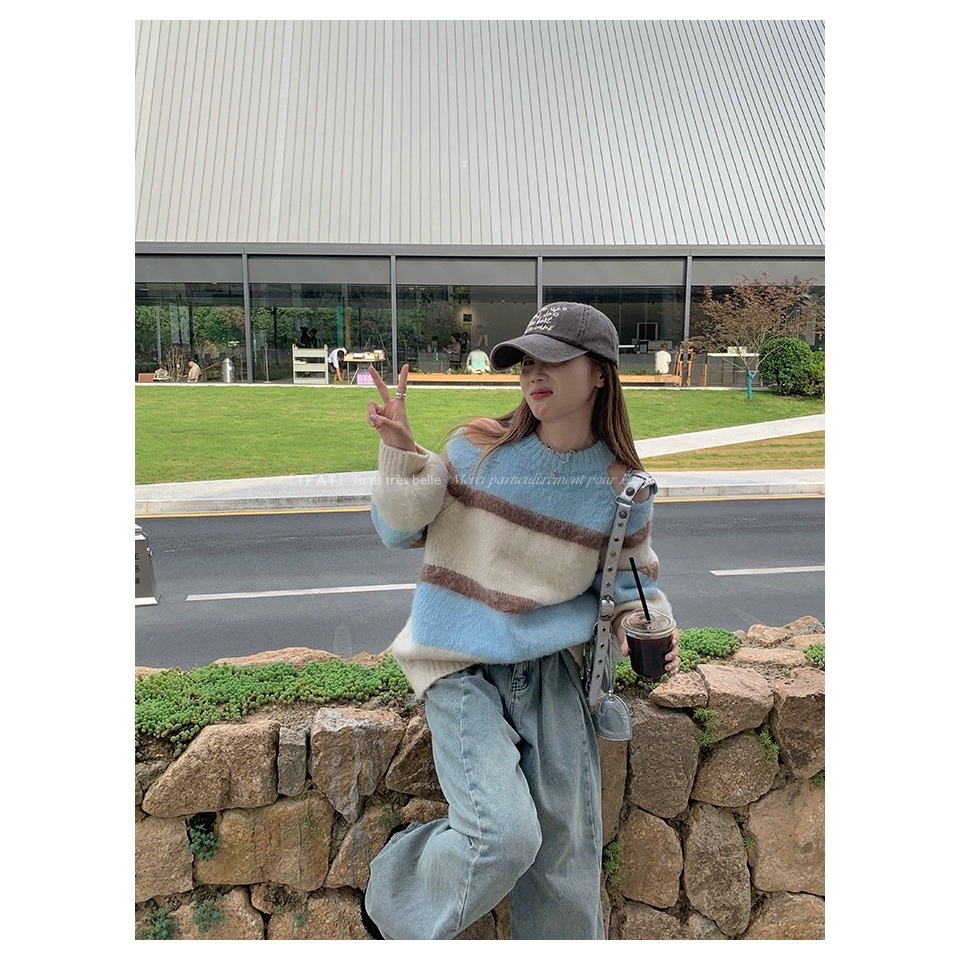 Áo sweater Dệt Kim Phối Màu Tương Phản Đơn Giản Thời Trang Hàn Quốc Cho Nữ