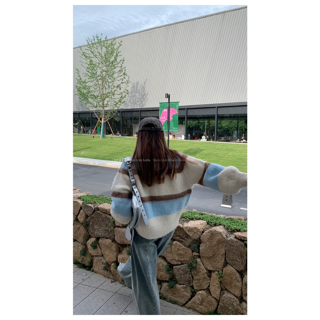 Áo sweater Dệt Kim Phối Màu Tương Phản Đơn Giản Thời Trang Hàn Quốc Cho Nữ