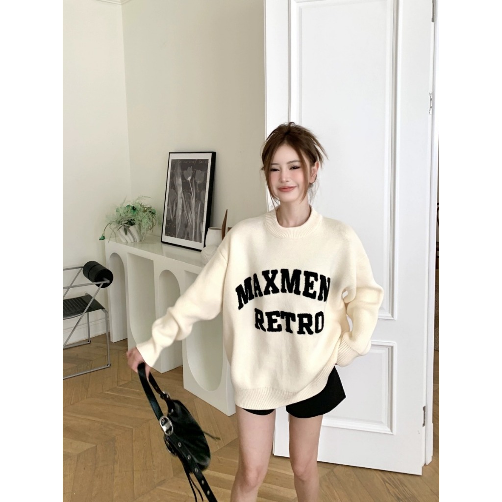 Áo sweater Dệt Kim Cổ Tròn Thêu Chữ Phong Cách retro Mỹ