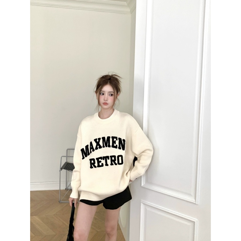 Áo sweater Dệt Kim Cổ Tròn Thêu Chữ Phong Cách retro Mỹ