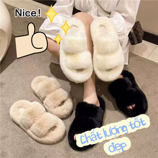  Dép lông nữ dép lê bông thời trang xỏ ngón Ba màu có sẵn 