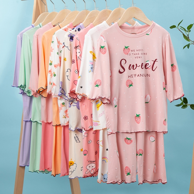 Bé gái 3/4 tay áo loungewear ren set 110-170cm t-shirt + quần ống rộng bộ đồ ngủ dễ thương