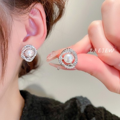 DREJEW Bông Tai Mạ Bạc 925 Hình Tròn Đính Ngọc Trai Thời Trang Hàn Quốc