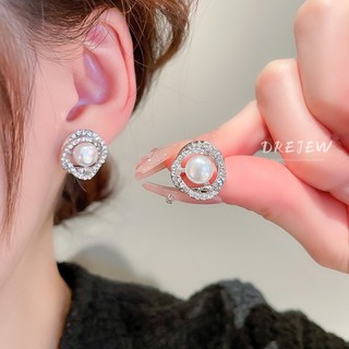 DREJEW Bông Tai Mạ Bạc 925 Hình Tròn Đính Ngọc Trai Thời Trang Hàn Quốc