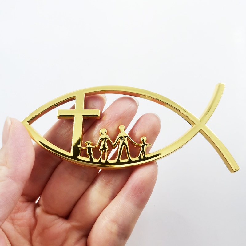 1 x Nhãn Dán Trang Trí Xe Hơi Bằng Kim Loại Hình Chúa jesus fish family