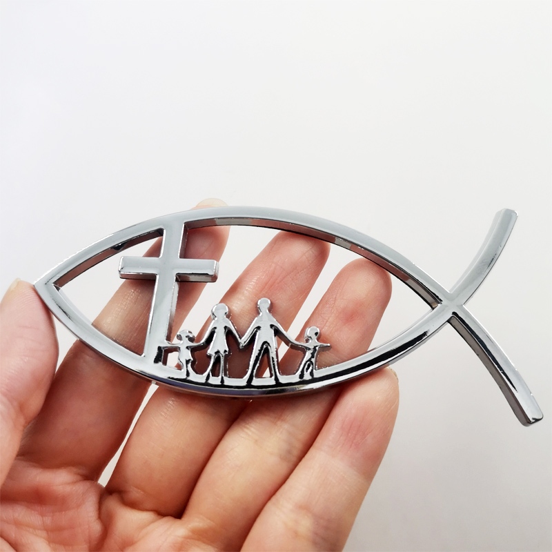 1 x Nhãn Dán Trang Trí Xe Hơi Bằng Kim Loại Hình Chúa jesus fish family