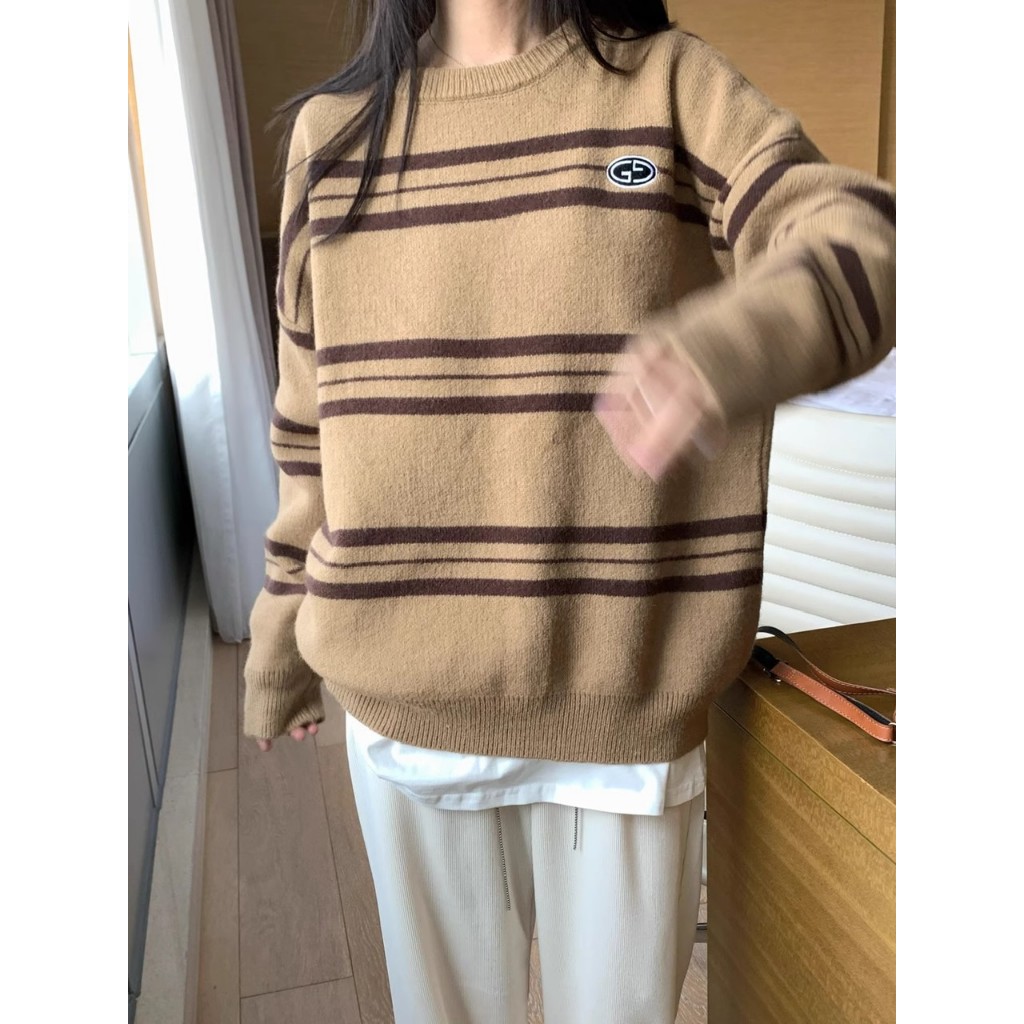 Áo sweater Cổ Tròn Họa Tiết Kẻ Sọc Màu Sắc Tương Phản Thời Trang Cho Nữ