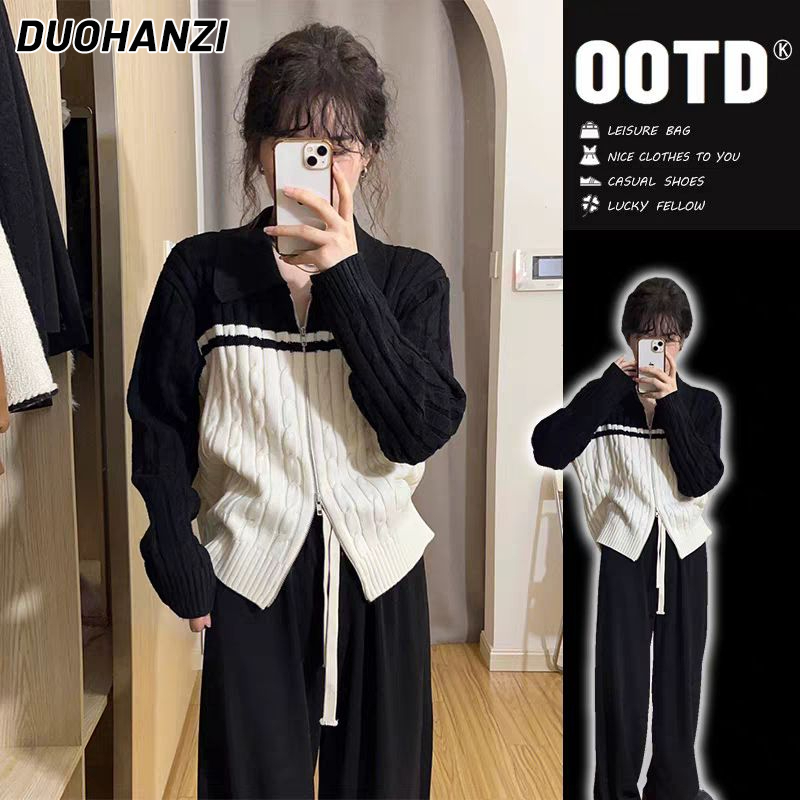 DUOHANZI  Áo sweater  tay dài cổ lật ôm dáng họa tiết xoắn phối khóa kéo thời trang mùa thu 2023 dành cho nữ