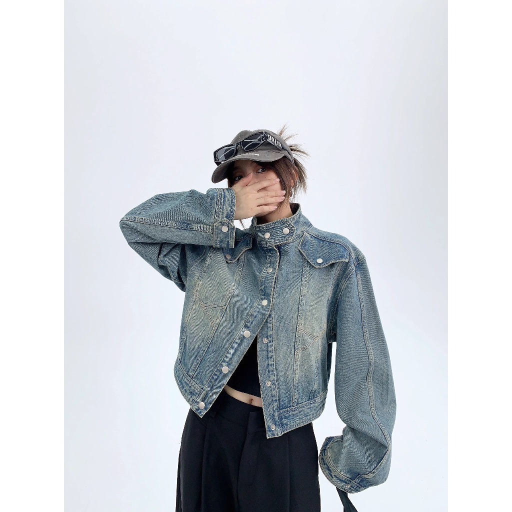 Honypove Áo Khoác denim Dáng Rộng Phong Cách retro Thời Trang Cao Cấp