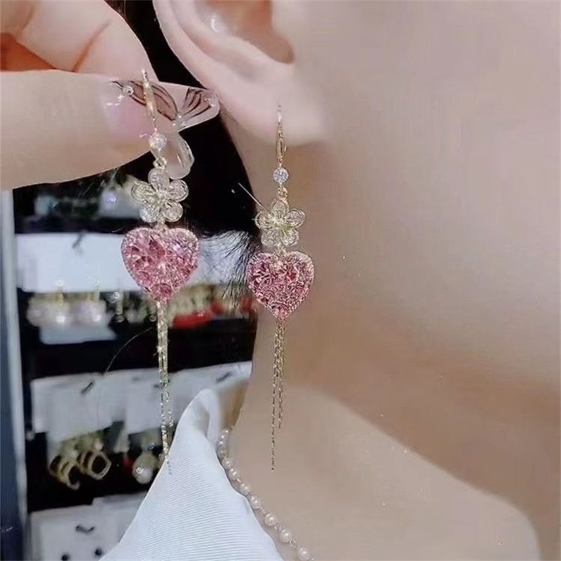 Thời Trang Hoa Tai Dáng Dài Mặt Hình Hoa Đính Đá Lấp Lánh Sang Trọng