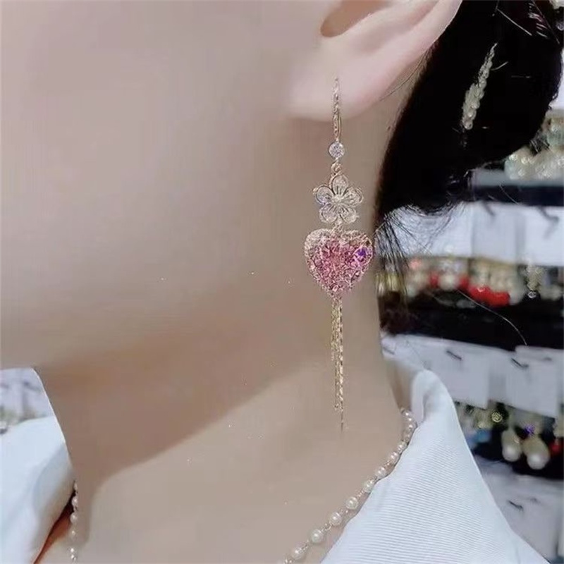 Thời Trang Hoa Tai Dáng Dài Mặt Hình Hoa Đính Đá Lấp Lánh Sang Trọng