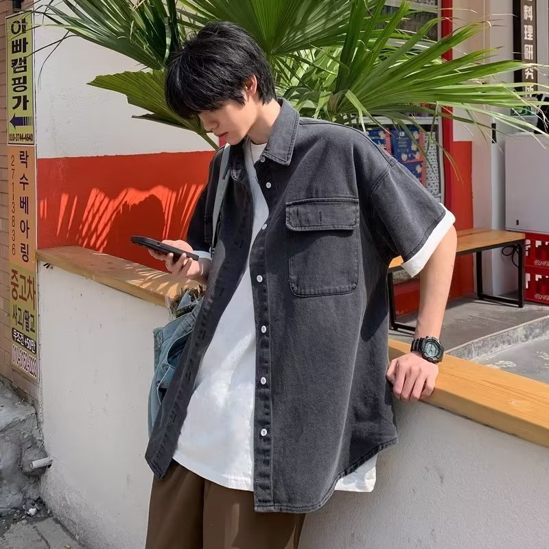 Áo Sơ Mi denim Tay Ngắn Phong Cách hong kong Thời Trang Mùa Hè Cho Nam