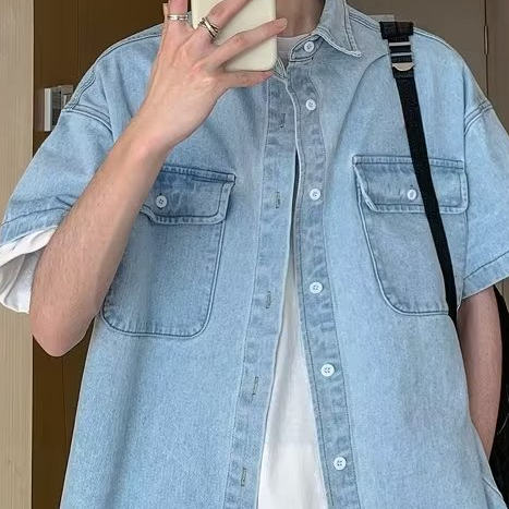 Áo Sơ Mi denim Tay Ngắn Phong Cách hong kong Thời Trang Mùa Hè Cho Nam
