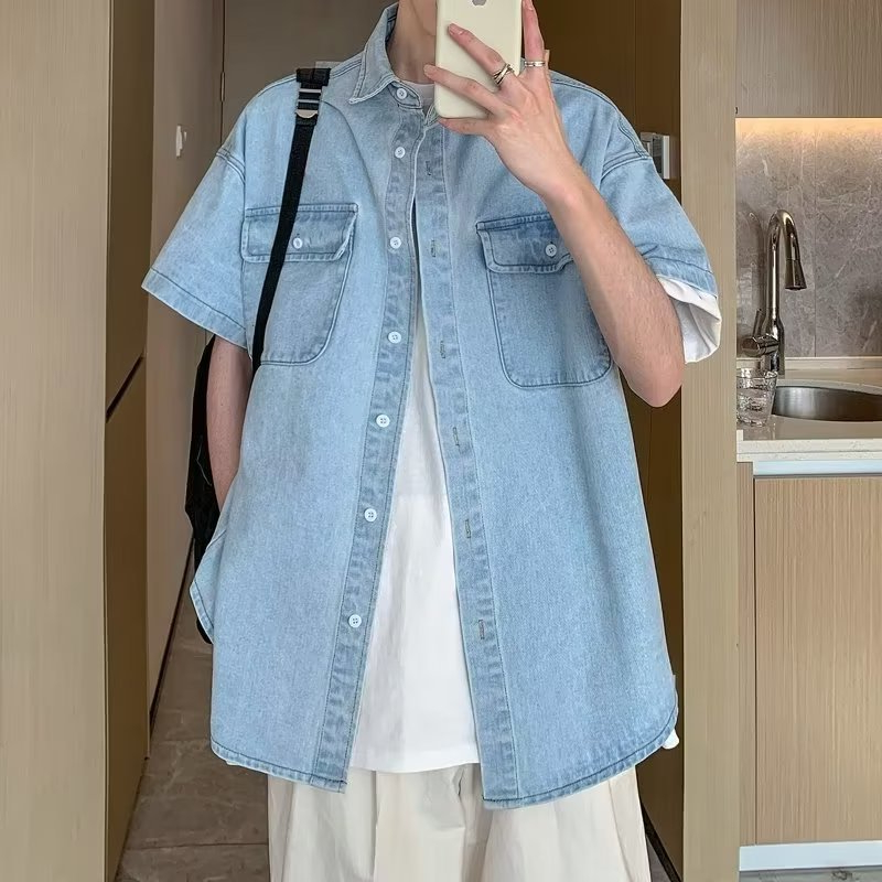 Áo Sơ Mi denim Tay Ngắn Phong Cách hong kong Thời Trang Mùa Hè Cho Nam
