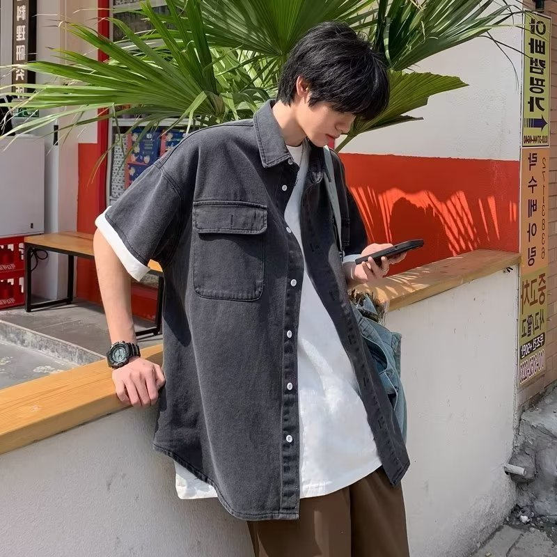 Áo Sơ Mi denim Tay Ngắn Phong Cách hong kong Thời Trang Mùa Hè Cho Nam