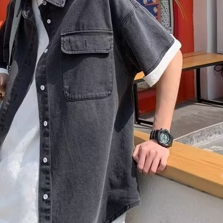 Áo Sơ Mi denim Tay Ngắn Phong Cách hong kong Thời Trang Mùa Hè Cho Nam