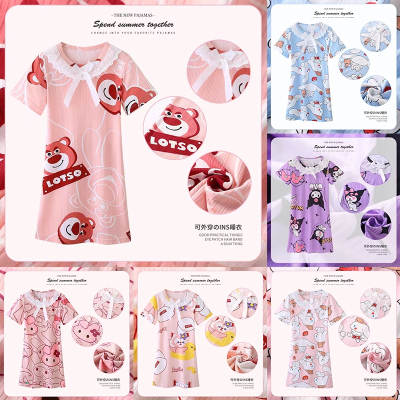 Đồ Váy Ngủ Gấu Dâu Cho Bé Kuromi Cinnamoroll Đầm Ngủ Ngắn Tay Phối Ren Họa Tiết Hoạt Hình Dễ Thương Pijama Cho Bé Gái