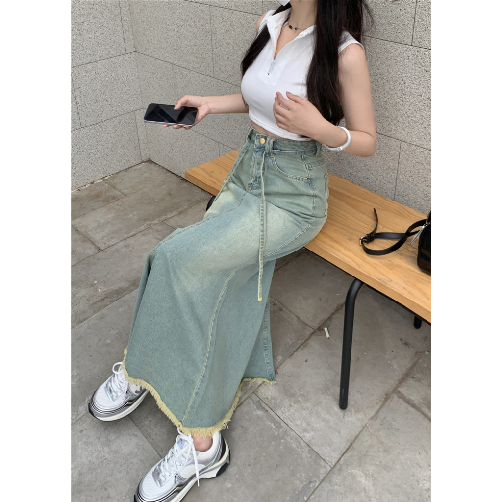 Kaisike Chân váy jean Dài Qua Gối Lưng Cao Cột Dây Phong Cách Retro