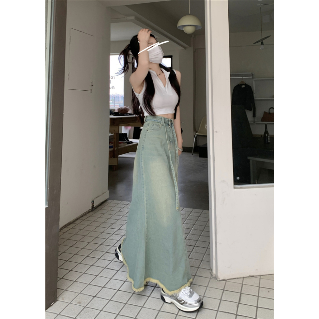 Kaisike Chân váy jean Dài Qua Gối Lưng Cao Cột Dây Phong Cách Retro