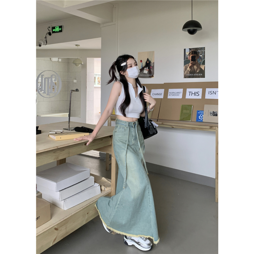 Kaisike Chân váy jean Dài Qua Gối Lưng Cao Cột Dây Phong Cách Retro
