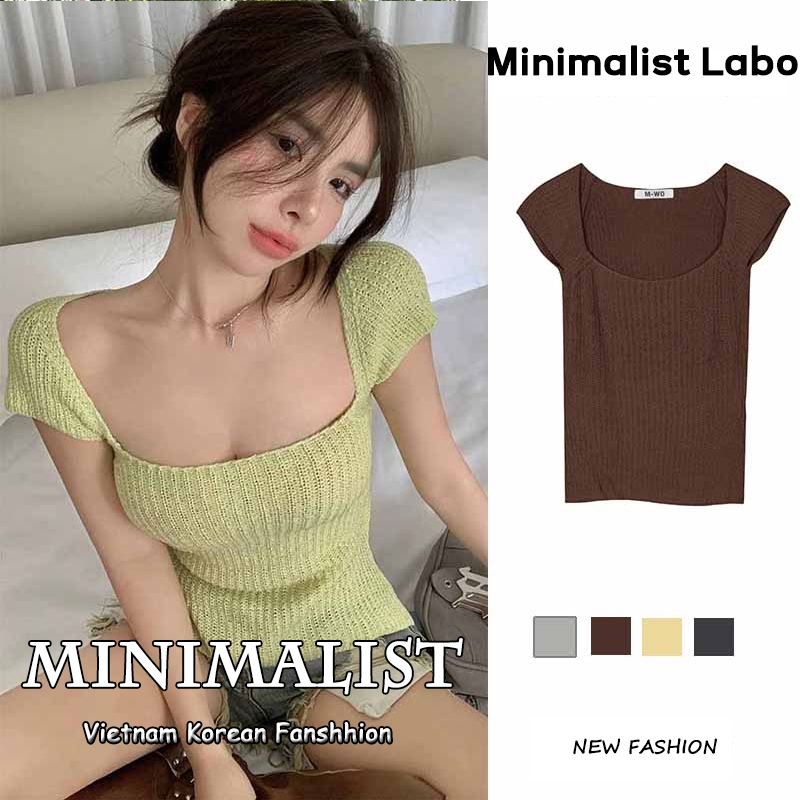 Minimalist Labo Lưng Áo Thun Dệt Kim Ngắn Tay Cổ Vuông Ôm Dáng Phối Dây Buộc Thời Trang Cho Nữ