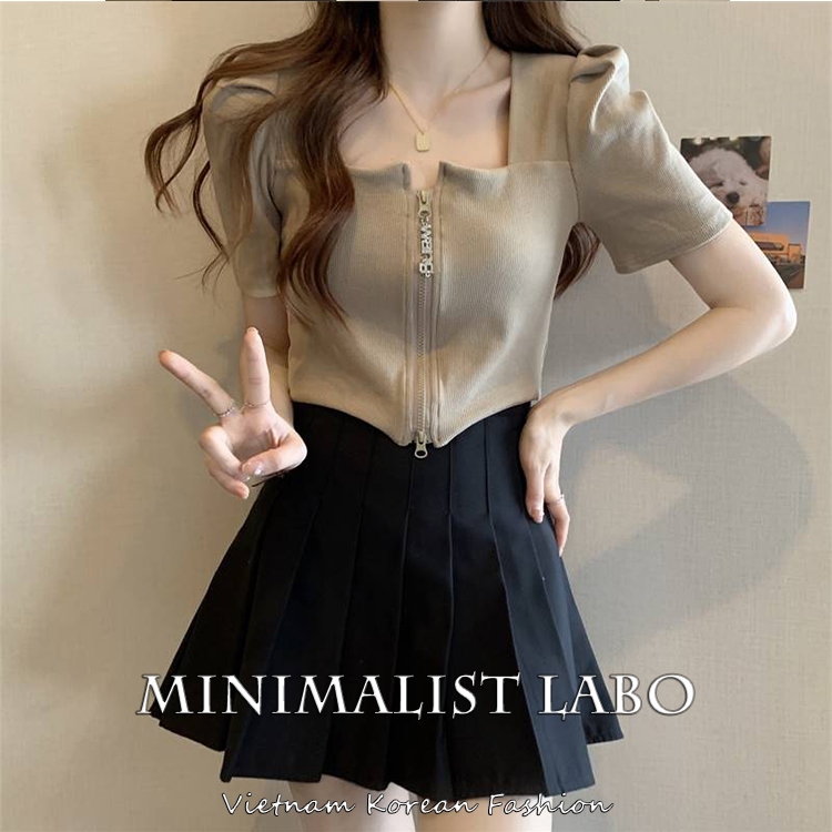 Minimalist Labo Áo Thun Ngắn Tay Cổ Vuông Lưng Cao Thời Trang Cho Nữ