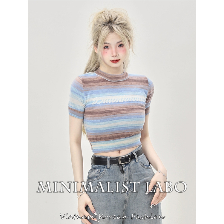 Minimalist Labo Áo Thun Len Dệt Kim Tay Lửng Cổ Cao Ôm Dáng Phong Cách retro Cho Nữ