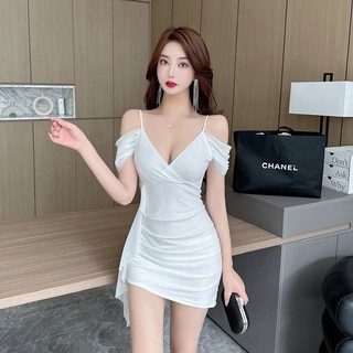 Hộp Đêm Năm Màu Gợi Cảm Khâu Khâu Vai Rò Rỉ Cổ Thấp Quấn Mông Đáy Gạc Jumpsuit Váy Ngắn V