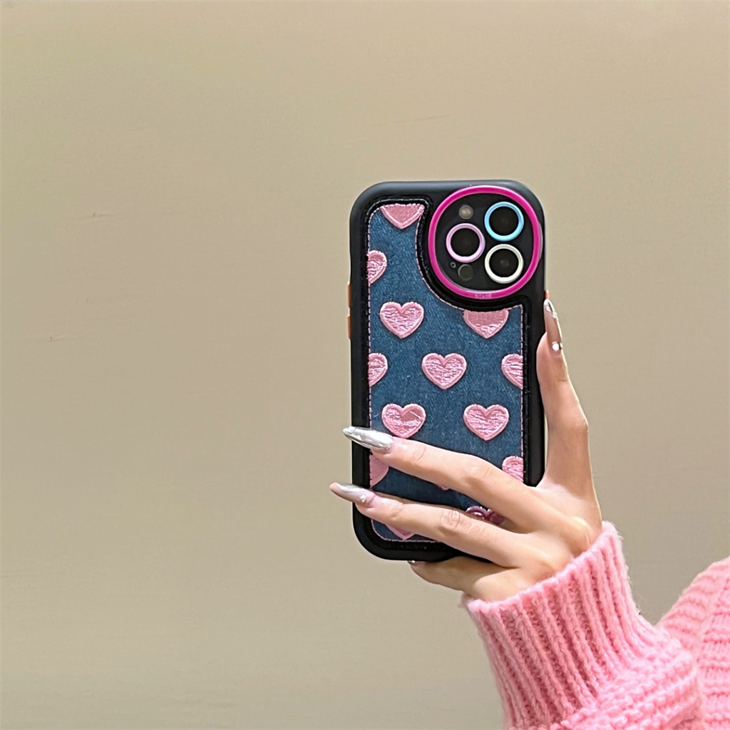 Ốp Điện Thoại Vải denim Thêu Hình Trái Tim Cho iphone 15promax 14promax 13 12 promax 11
