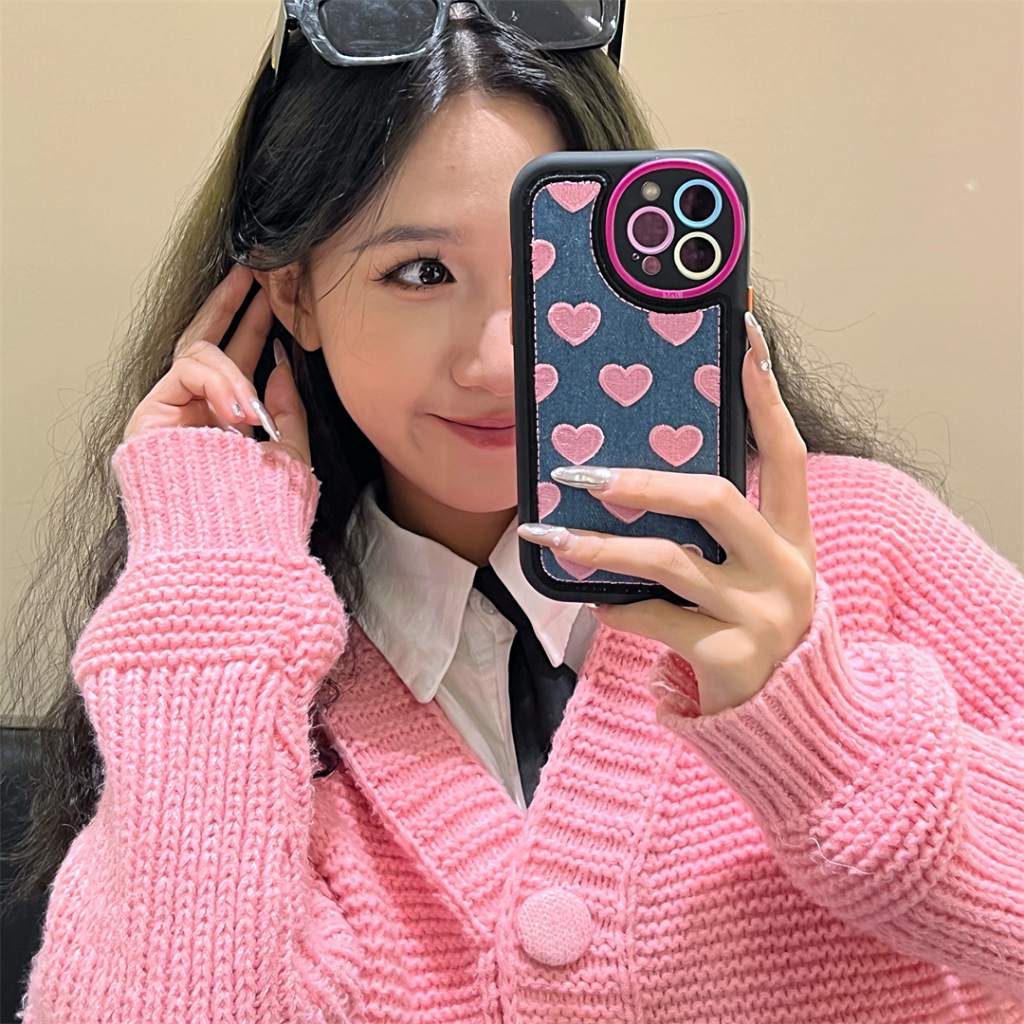 Ốp Điện Thoại Vải denim Thêu Hình Trái Tim Cho iphone 15promax 14promax 13 12 promax 11